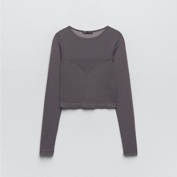 Zara Limitless Contour Grey Ribbed Long Sleeve Sheer Mesh Top - Picture 7 of 7